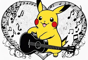 Pickachu squeezing a heart made from a trouble clef and music notes tattoo idea