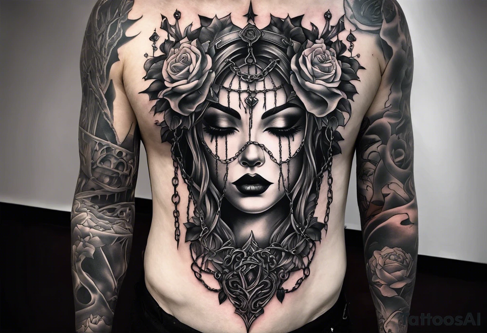 tattoo fool sleeve, dark gothic castle, tree roots break out of the chains, broken mask, roses tattoo idea