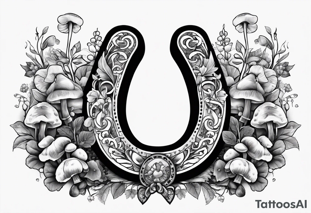 horseshoe, with mushrooms and magic vibes, with "lucky" written on the horseshoe tattoo idea