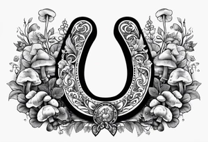 horseshoe, with mushrooms and magic vibes, with "lucky" written on the horseshoe tattoo idea