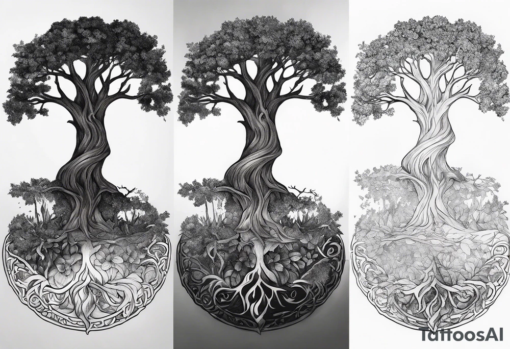 Tattoo of the norse world tree, vertically one half is rotten while the other half is full of leaves. At the base there is a shadow of a dog seen tattoo idea