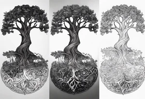 Tattoo of the norse world tree, vertically one half is rotten while the other half is full of leaves. At the base there is a shadow of a dog seen tattoo idea