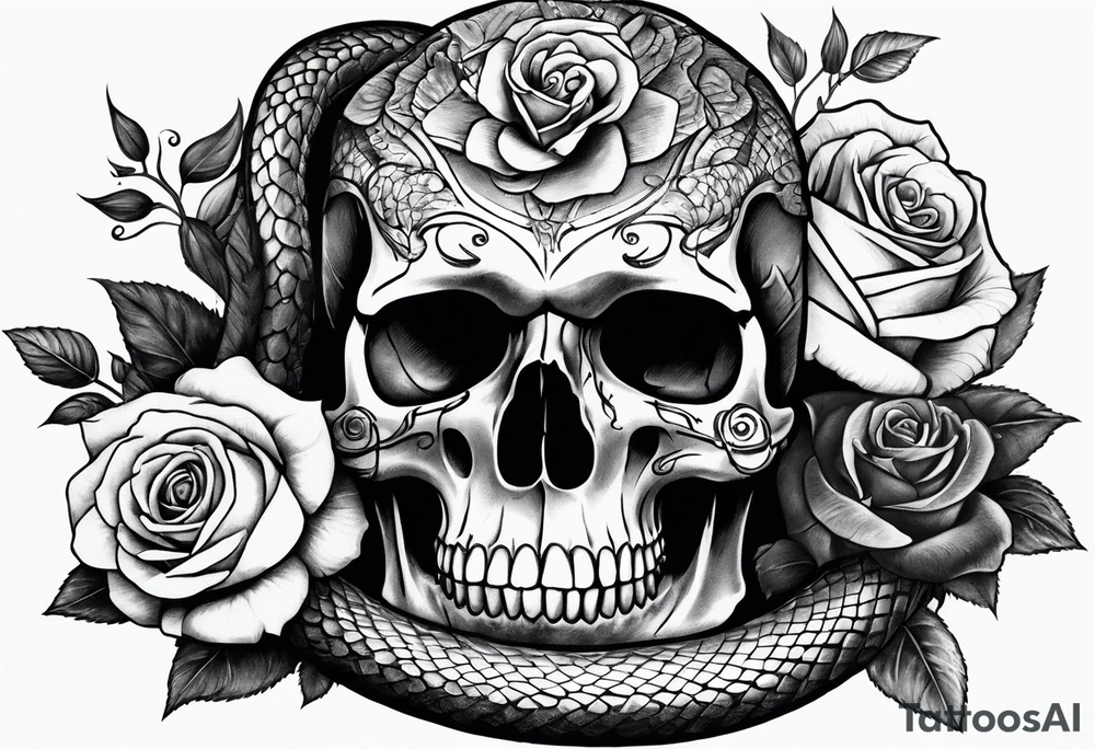 A skull with a snake wrapped around it and roses bordering all of it tattoo idea