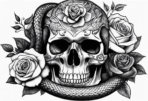 A skull with a snake wrapped around it and roses bordering all of it tattoo idea