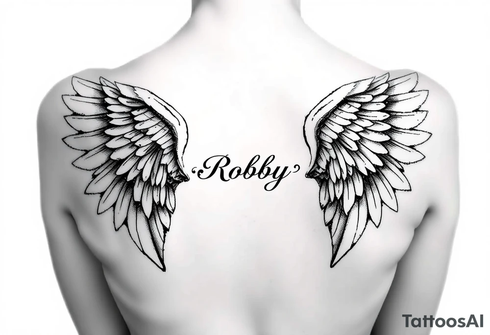 Angel wings on both shoulders and the name Robby in between them tattoo idea