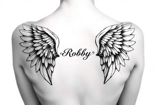 Angel wings on both shoulders and the name Robby in between them tattoo idea