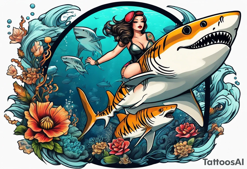 Deep sea diver with tiger shark and pin up girl tattoo idea