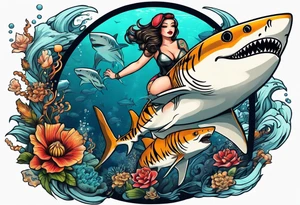 Deep sea diver with tiger shark and pin up girl tattoo idea