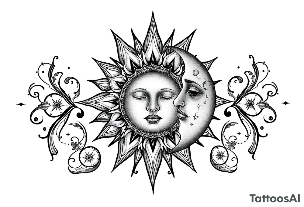 celestial sun and moon embrace with constellation patterns tattoo idea celestial sun and moon embrace with constellation patterns tattoo idea