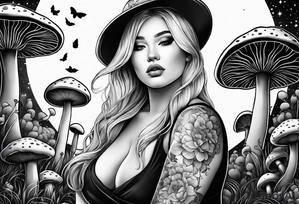 Blonde chubby Girl surrounded by mushrooms crescent moon background tattoo idea