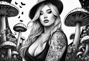 Blonde chubby Girl surrounded by mushrooms crescent moon background tattoo idea
