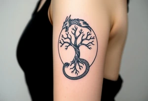 a dragon forming a circle with its body.  the dragon encircles the tree of life.  the dragon is eating the tree. the roots of the tree are strangling the tail of the dragon tattoo idea