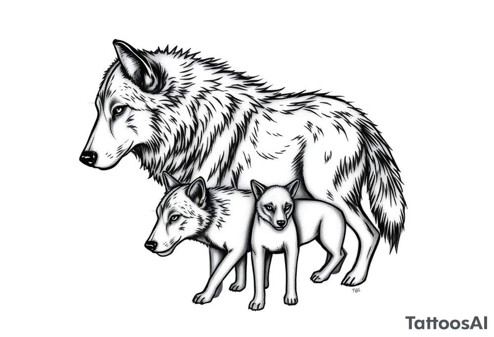A solitary yet sublime and noble wolf and its progeny. tattoo idea
