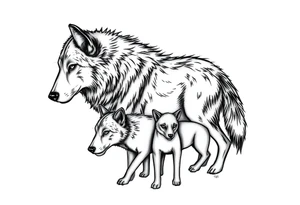 A solitary yet sublime and noble wolf and its progeny. tattoo idea