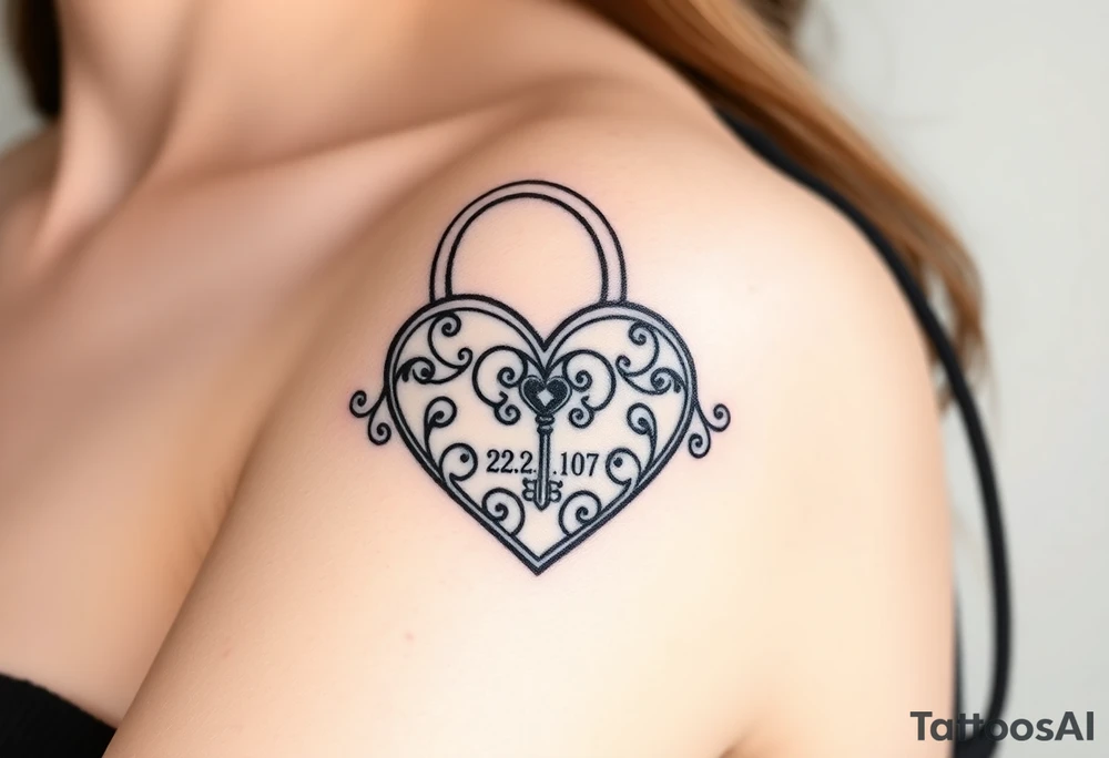 A realistic heart-shaped lock with an ornate key, decorated with filigree patterns, with wedding date 22. 07. 2018 tattoo idea