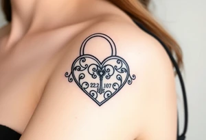 A realistic heart-shaped lock with an ornate key, decorated with filigree patterns, with wedding date 22. 07. 2018 tattoo idea
