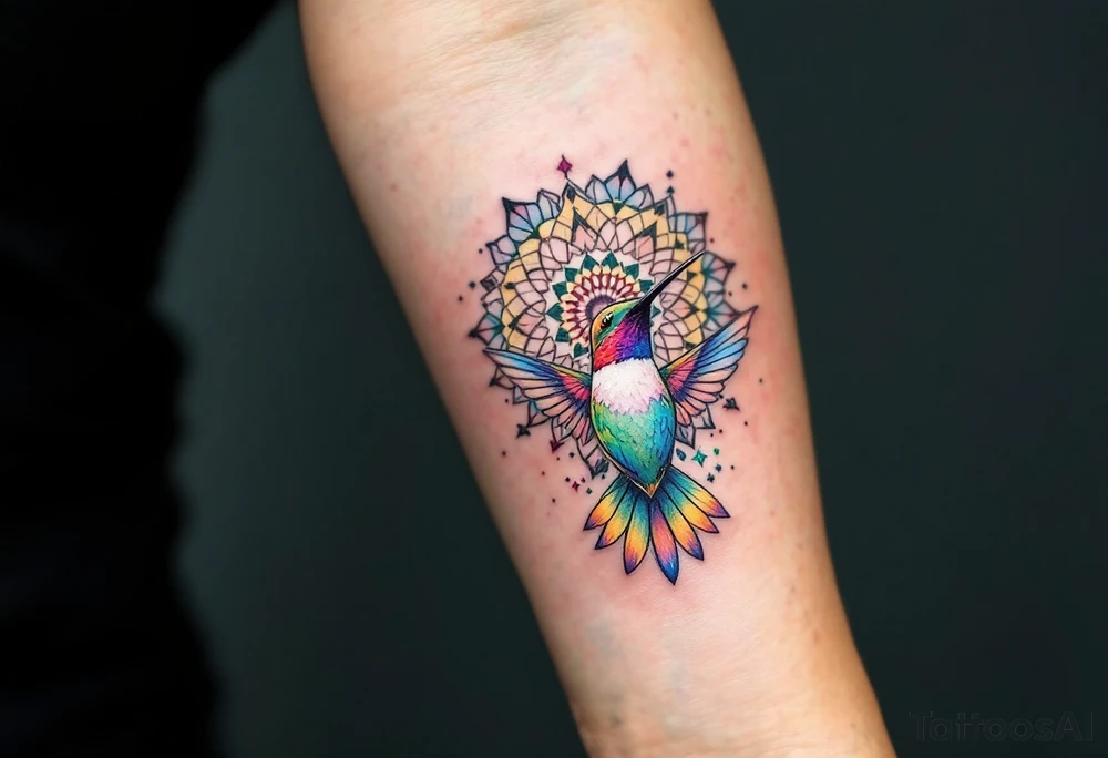 Colorful hummingbird centered in front of a mandala design tattoo idea