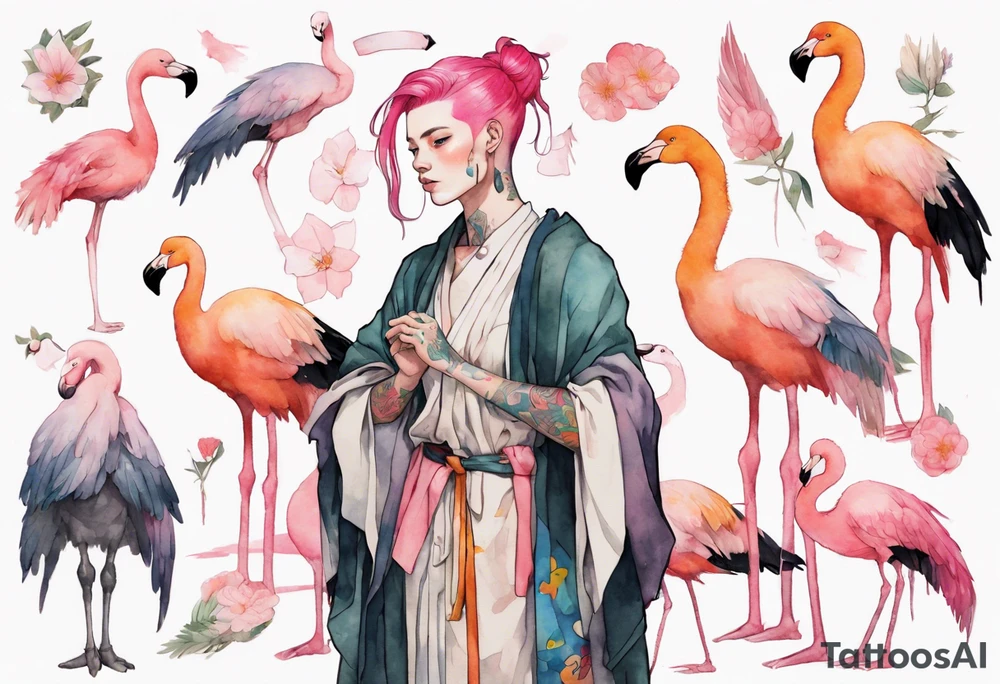 a nonbinary person with pink hair wearing a rainbow medieval robe standing next to a flamingo tattoo idea