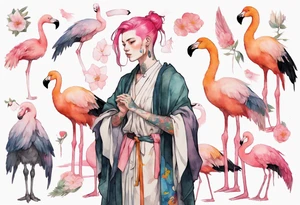 a nonbinary person with pink hair wearing a rainbow medieval robe standing next to a flamingo tattoo idea