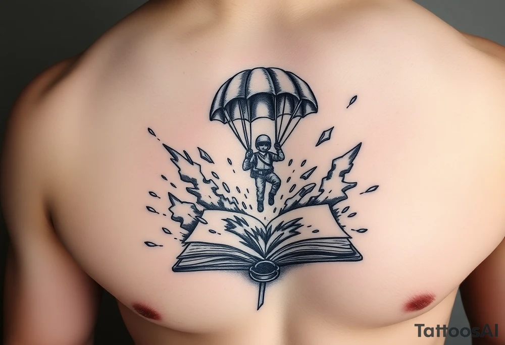 A parachuting soldier landing into an open book. Chaos surrounding, but the book is protecting the soldier from it. On the chest. Make it smaller. Thought provoking tattoo idea
