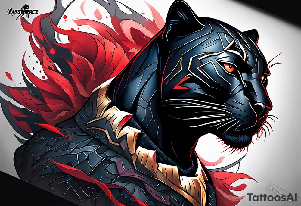unique black panther tattoo, dynamic pose, showcasing its strength and grace, striking red eyes, intense and captivating elements, artistic flair, blending realism with abstract elements tattoo idea