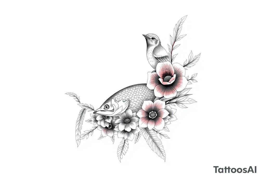 Exotic birds, Exotic flowers, Coy fish, a symbol of strength, a symbol of redemption, & with feathers tattoo idea