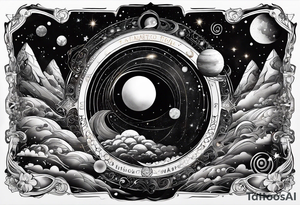 A tattoo featuring a cosmic scene with planets, black holes, and supernovae intertwined with intricate linguistic symbols, reflecting the client's interests in cosmology and linguistics. tattoo idea