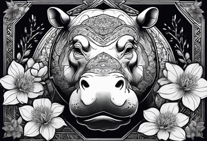 A symbolic hippo head with a detailed realistic full moon on upper right corner and wintersweet flower on lower left corner, looking like a totem tattoo idea