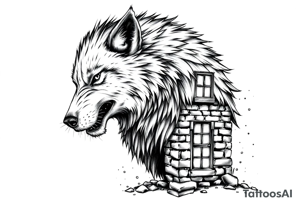 Big  wolf  blowing down   a brick house tattoo idea