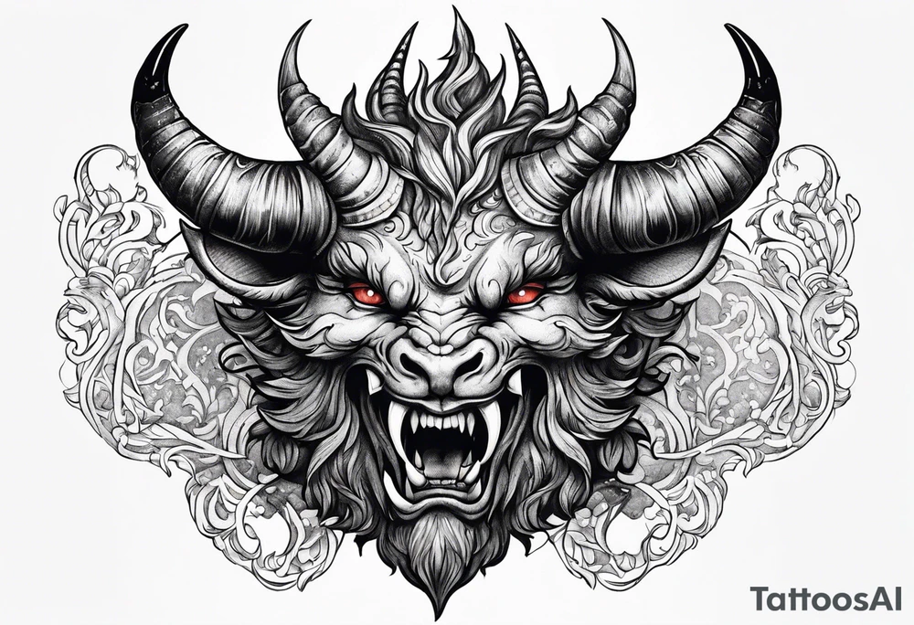 Horned Devil fighting looking up to the sky tattoo idea