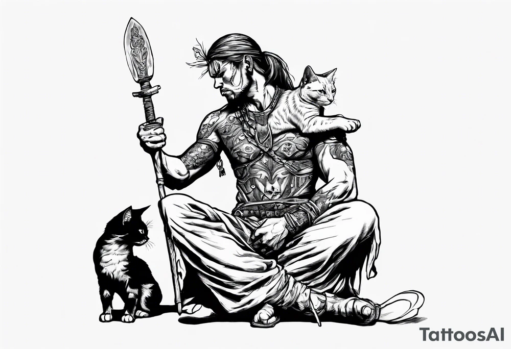 Warrior kneeling down feeding a cat with the world on his shoulders. You can’t be peaceful without being capable of violence tattoo idea