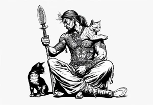 Warrior kneeling down feeding a cat with the world on his shoulders. You can’t be peaceful without being capable of violence tattoo idea