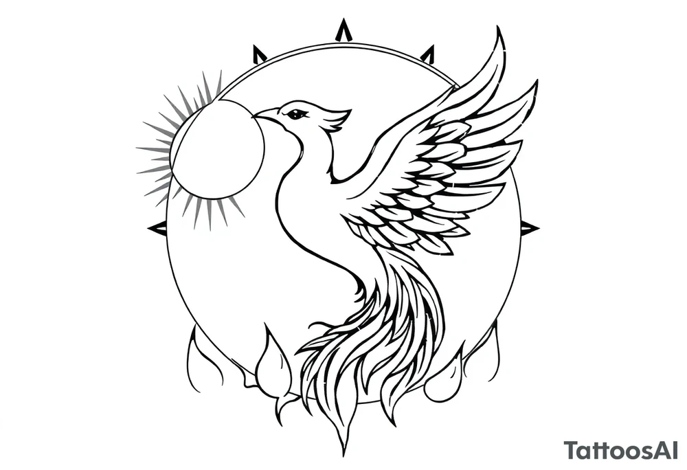 magical phoenix rising from golden flames with trailing embers surrounded by geometric sun and moon tattoo idea