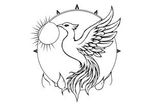 magical phoenix rising from golden flames with trailing embers surrounded by geometric sun and moon tattoo idea