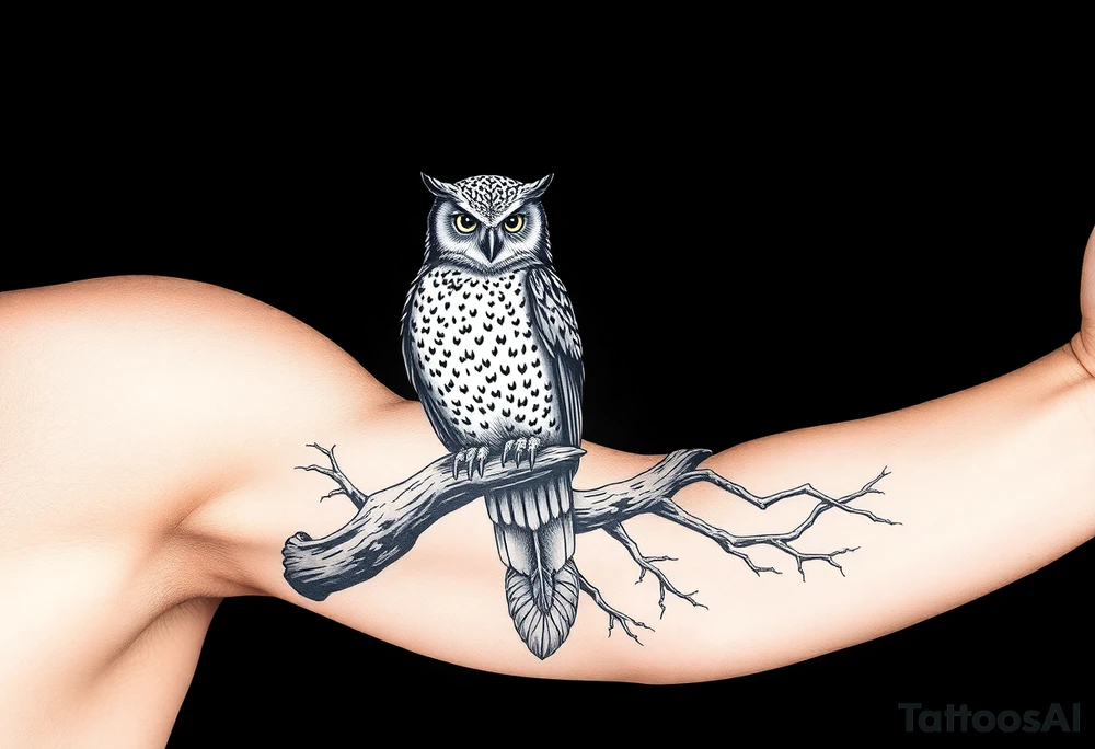 wise owl perched on ancient oak branch under starlit sky tattoo idea