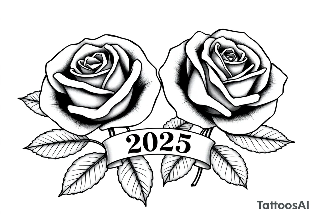 two beautiful large rose buds, one larger than the other, with lots and lots of leaves next to the rose buds, with one sitting slightly higher than the other, side-by-side.  Include a banner connecting the two roses with the year 2025 on it.   Use dark outlines with little shading. No stems tattoo idea