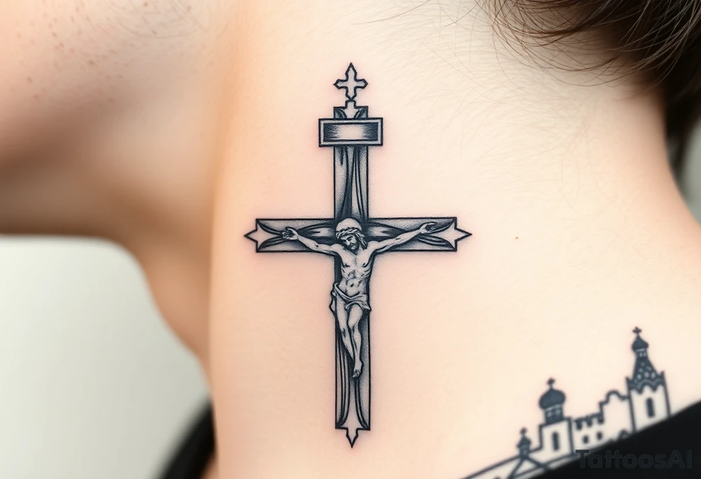 Traditional orthodox ICXC Christian cross with the small horizontal bar at the top with a plaque titulus, the central longest horizontal bar with Jesus Christ on the cross also with the slanted part of the cross where christs feet were nailed in a Russian wilderness Kremlin setting tattoo idea
