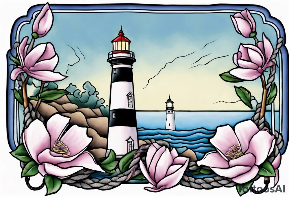 tattoo of a light house bordered by magnolia flowers and rope. In the background there is a periwinkle blue cancer awareness ribbon being lit up by the lighthouse tattoo idea