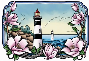 tattoo of a light house bordered by magnolia flowers and rope. In the background there is a periwinkle blue cancer awareness ribbon being lit up by the lighthouse tattoo idea