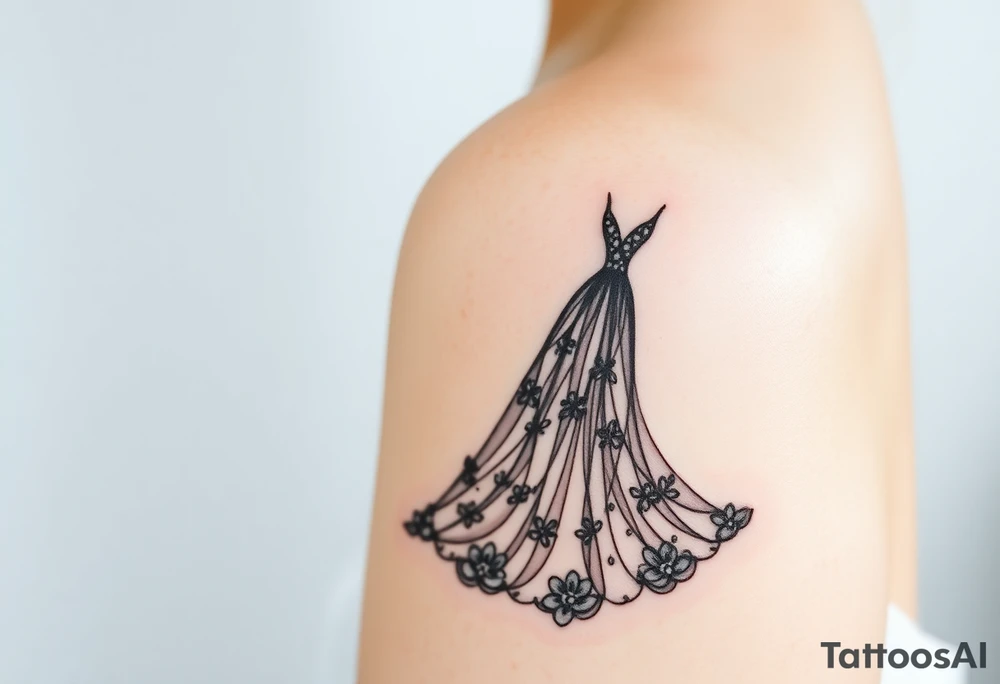 An elegant wedding dress silhouette, with intricate lace detailing and a soft, flowing train tattoo idea