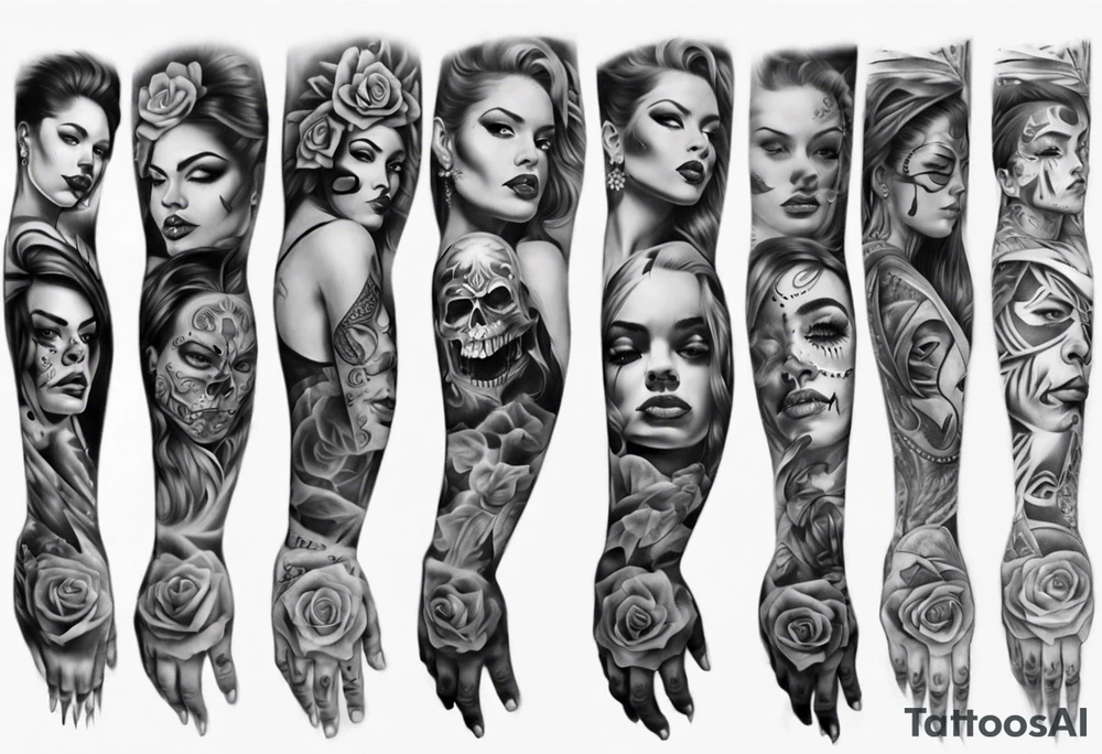 Chicano style photorealism arm sleeve tattoo idea