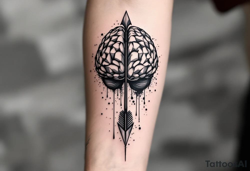 A geometric, vertical, front-seen brain. A detailed arrow crosses from below and exit from the top, with its tip desintegrating to represent entropy and watercolor stains spilled from the arrow. tattoo idea