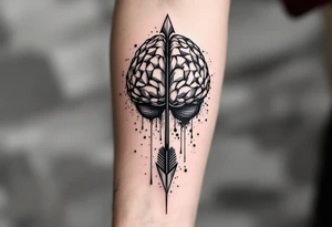 A geometric, vertical, front-seen brain. A detailed arrow crosses from below and exit from the top, with its tip desintegrating to represent entropy and watercolor stains spilled from the arrow. tattoo idea