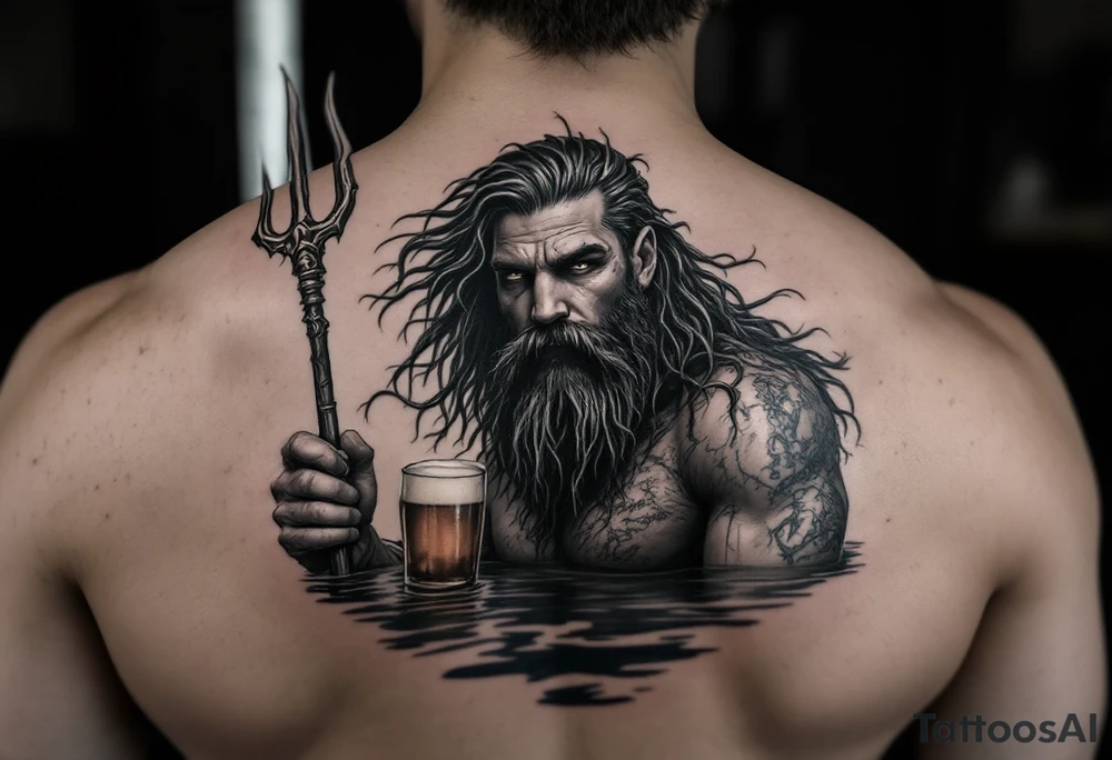 young, fit poseidon in calm water, holding a trident, drinking a beer tattoo idea