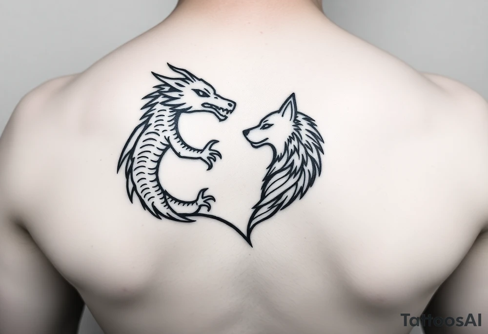 A dragon and a wolf in the shape of a heart tattoo idea