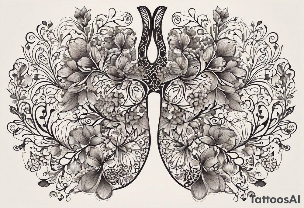 intricate and artistic arrangement of flowers and ornamental patterns that come together to form the shape of human lungs. The design should have a balance of delicacy and detail, with vibrant floral elements seamlessly intertwining to mimic the structure of the lungs, including the bronchi branching into floral motifs. Incorporate subtle shading and depth to give the tattoo a dynamic and organic feel, while maintaining elegance and symmetry tattoo idea