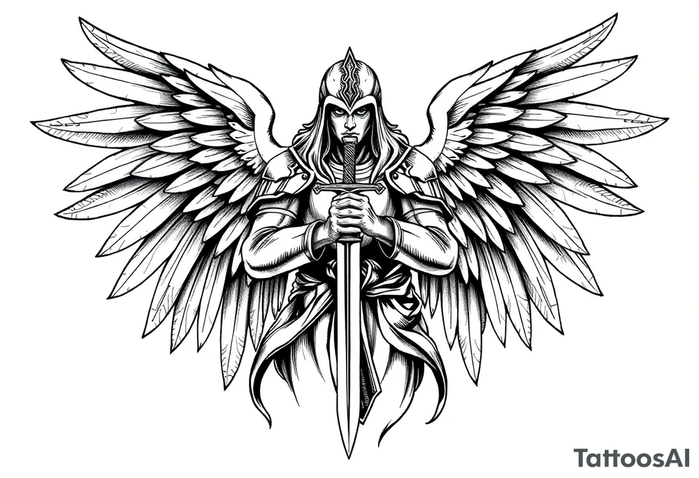 Holy Archangel, Biblical, Christianity, Hebrew, Guards of Christianity, Holding a sword, having six wings, wearing helmet, halo, seraphim, seek justice, walk only with God tattoo idea