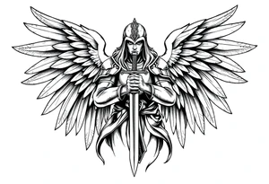 Holy Archangel, Biblical, Christianity, Hebrew, Guards of Christianity, Holding a sword, having six wings, wearing helmet, halo, seraphim, seek justice, walk only with God tattoo idea