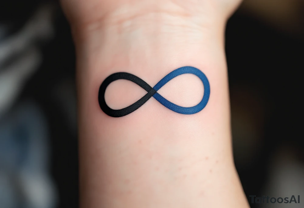 word "Family" in an infinity symbol, one half black, the other shaded in cobalt blue. tattoo idea