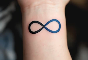word "Family" in an infinity symbol, one half black, the other shaded in cobalt blue. tattoo idea